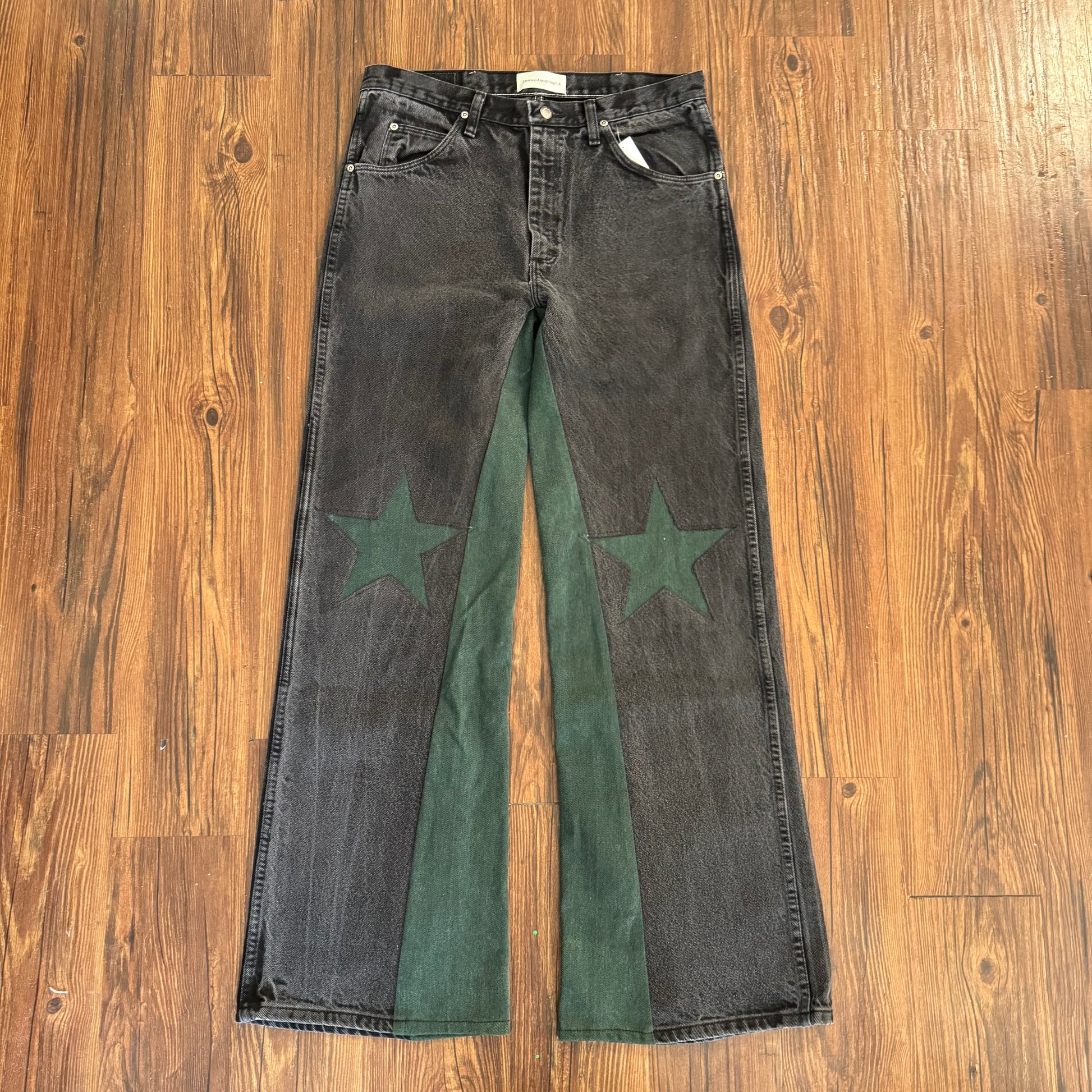 Vintage Black Green Denim Star Knee Jeans