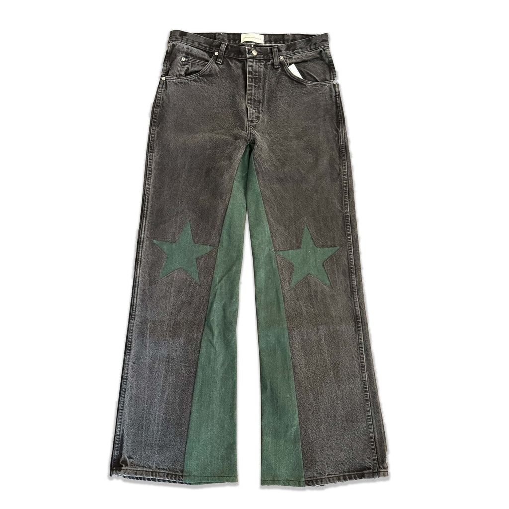 Vintage Black Green Denim Star Knee Jeans