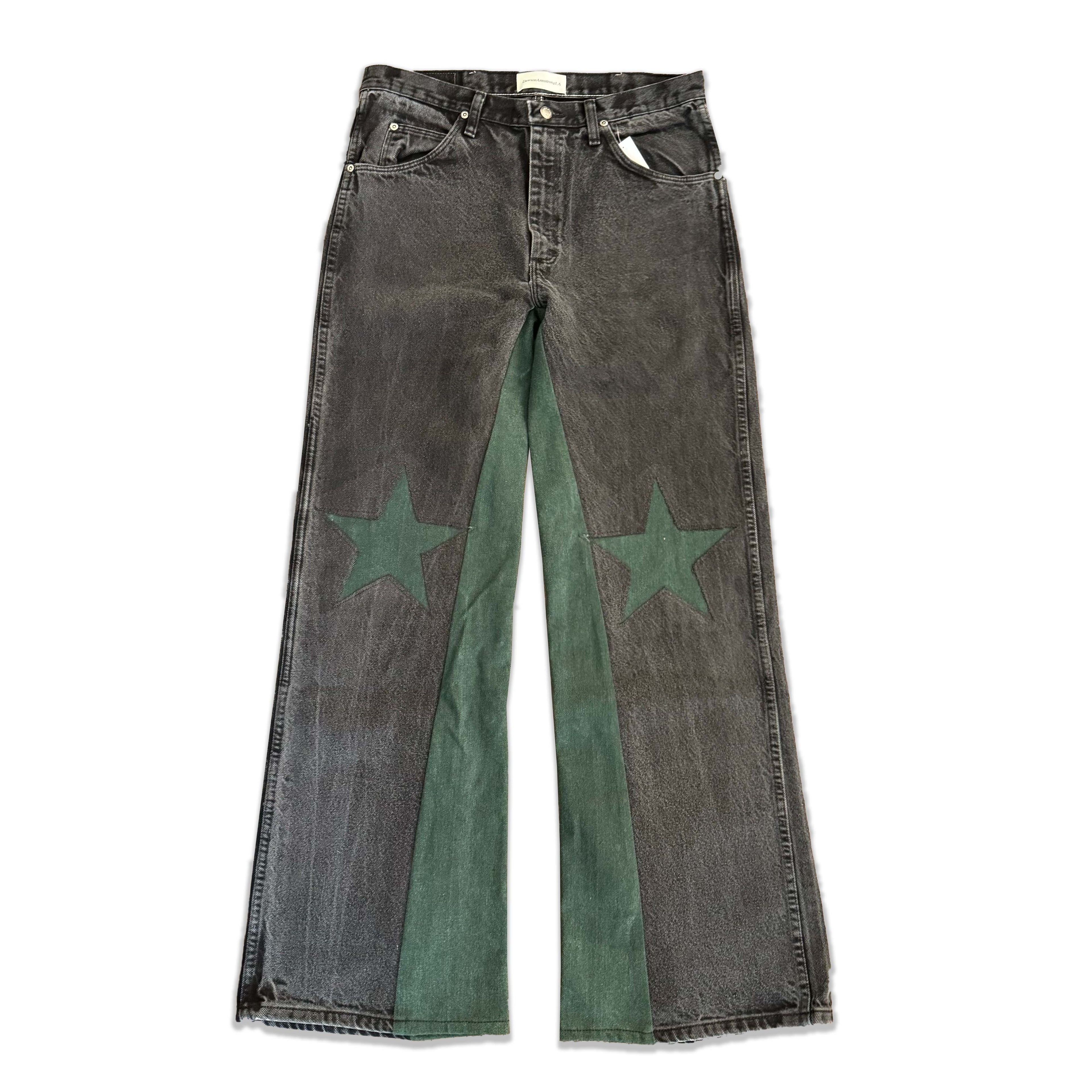 Black Green Denim Star Knee Jeans
