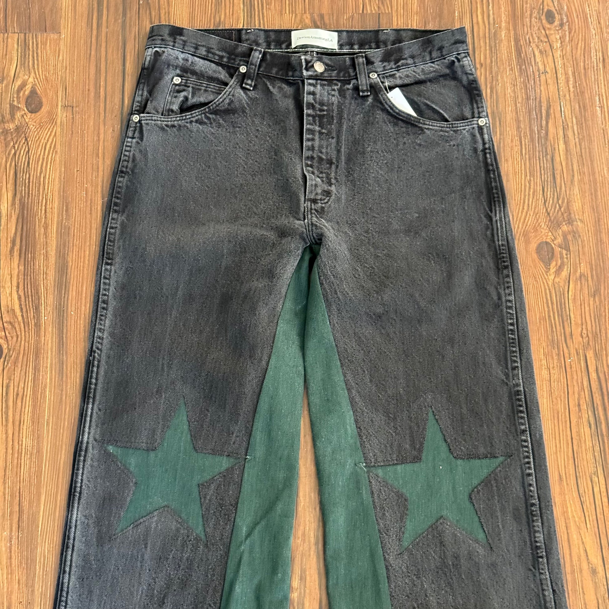 Vintage Black Green Denim Star Knee Jeans