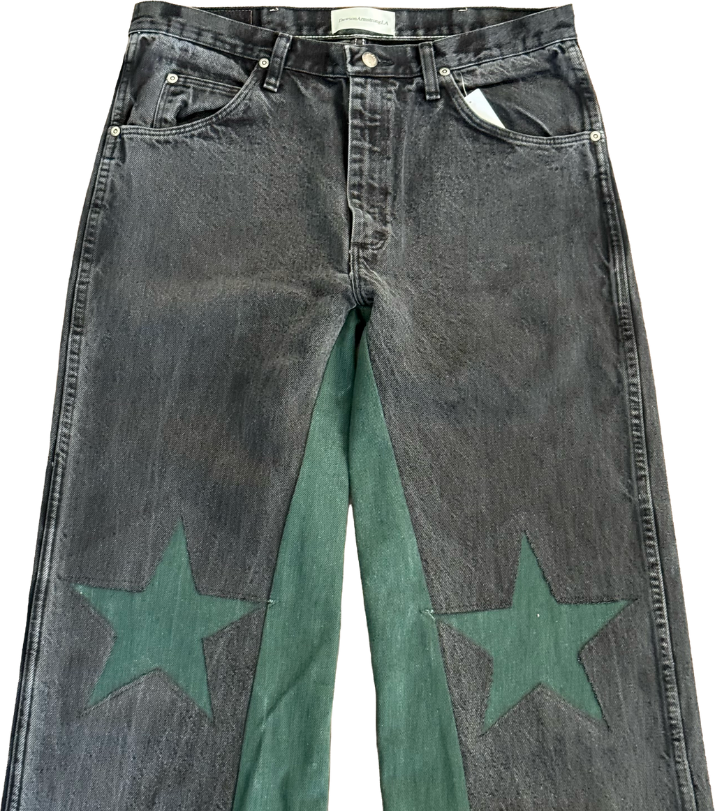 Black Green Denim Star Knee Jeans