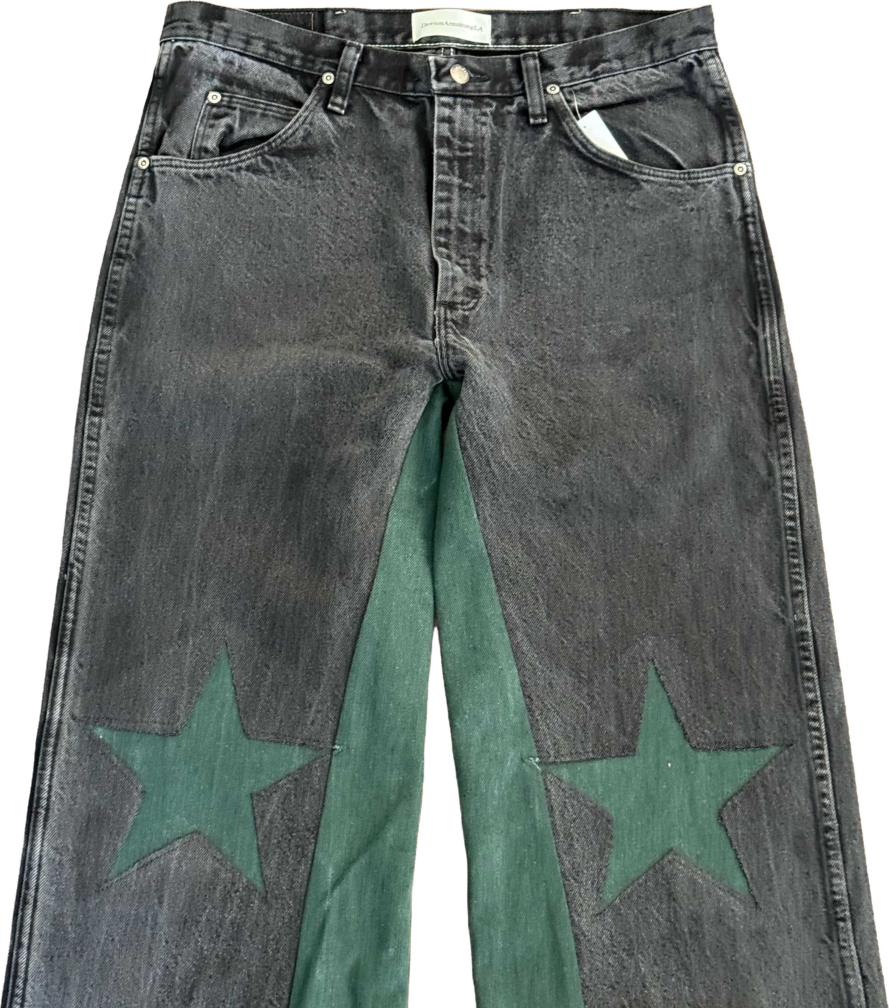 Black Green Denim Star Knee Jeans