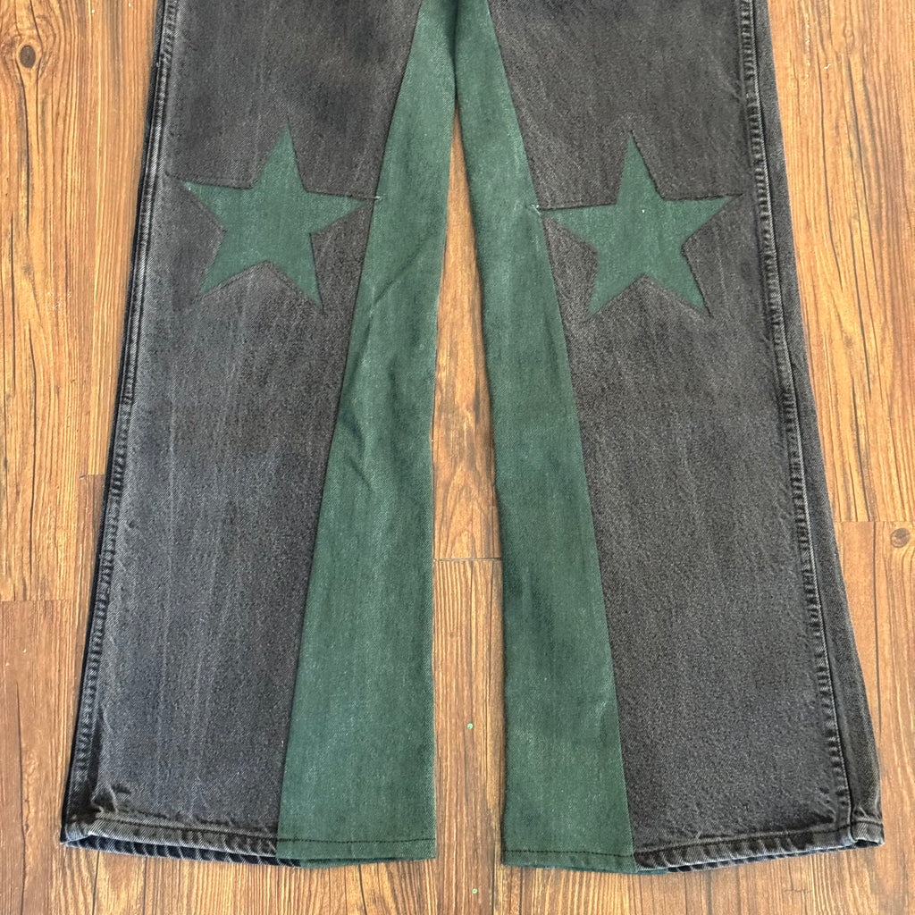 Vintage Black Green Denim Star Knee Jeans