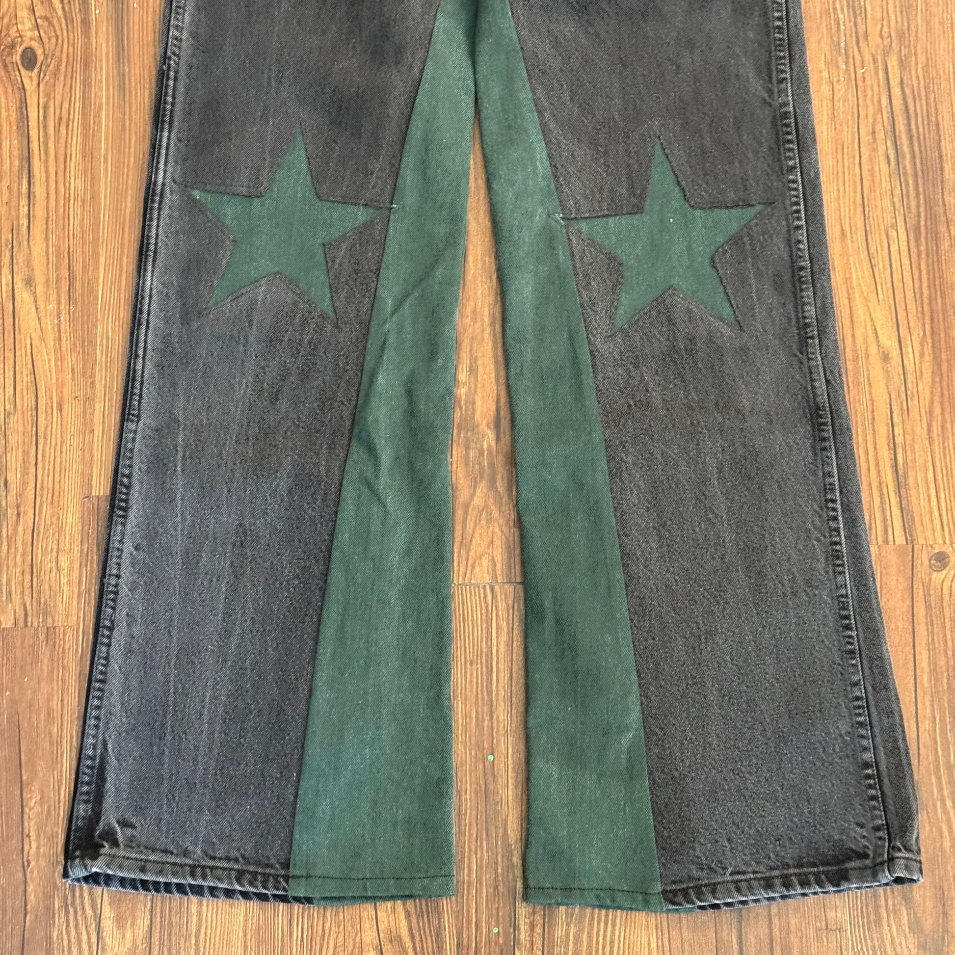 Vintage Black Green Denim Star Knee Jeans
