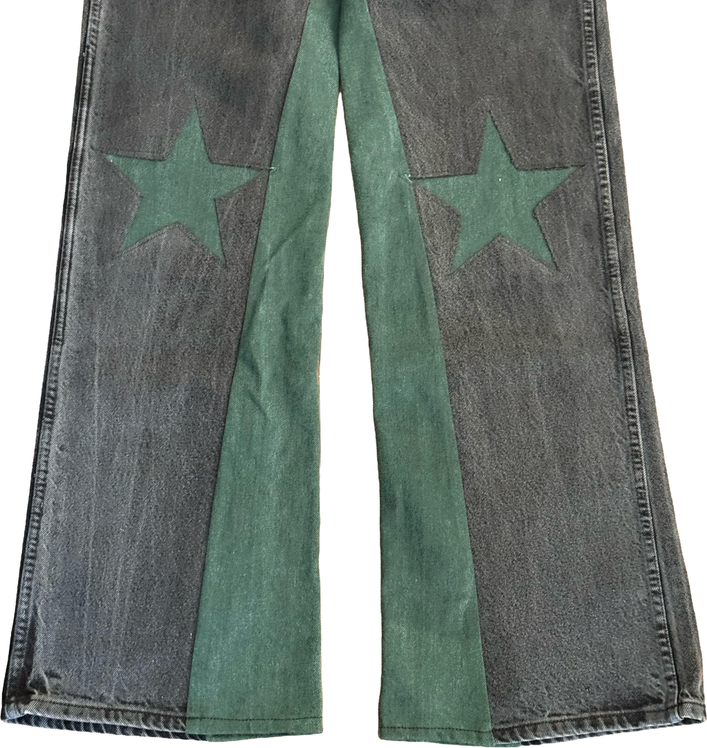 Black Green Denim Star Knee Jeans