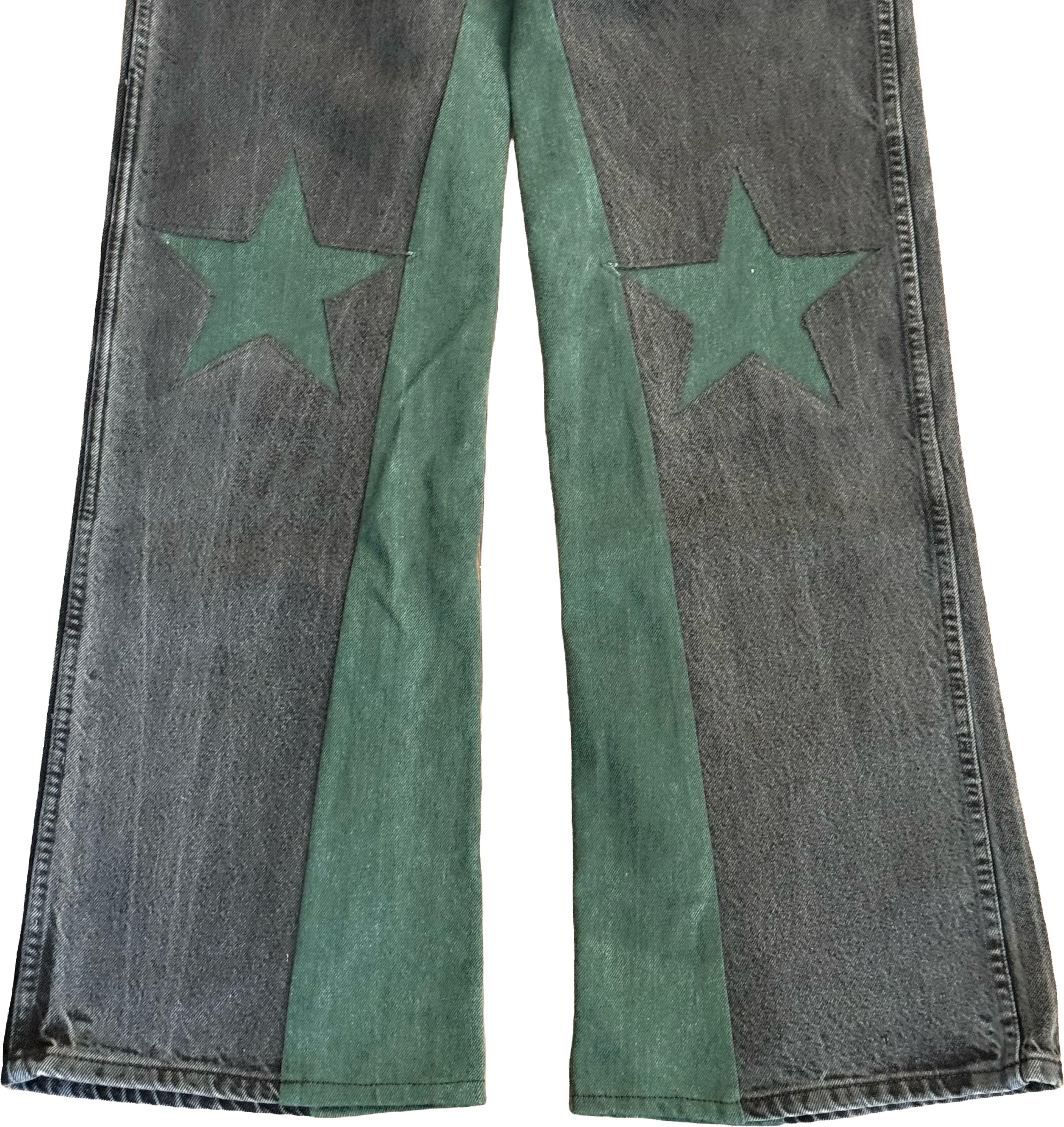Black Green Denim Star Knee Jeans