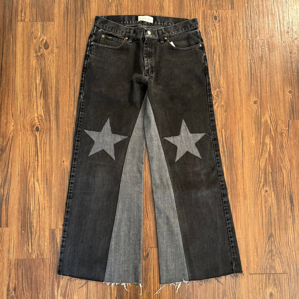 Vintage Black Gray Denim Star Knee Jeans