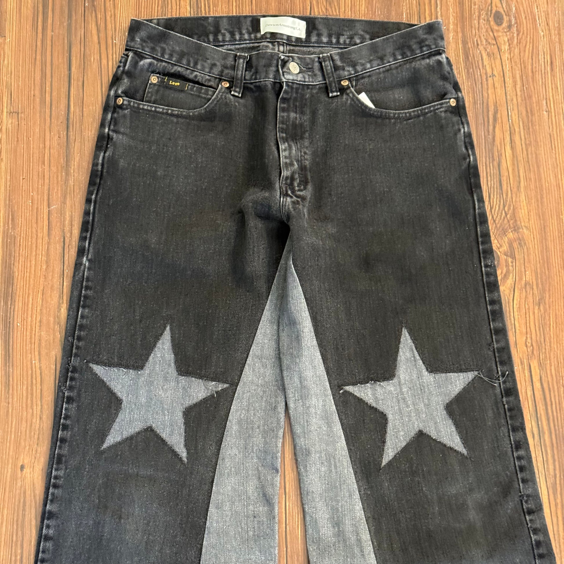 Vintage Black Gray Denim Star Knee Jeans