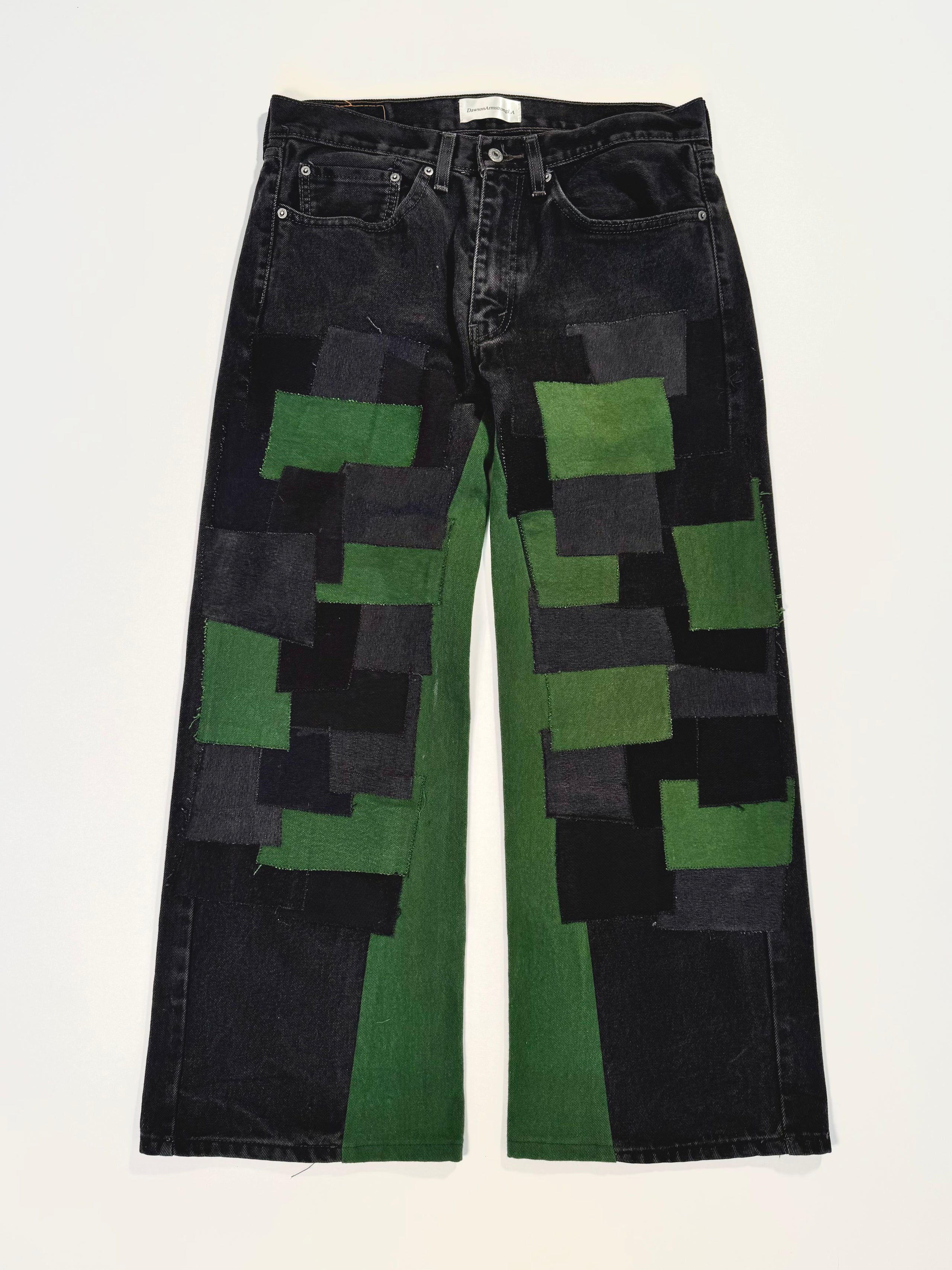 Black Green Patchwork Double Knee Jeans (34x30)