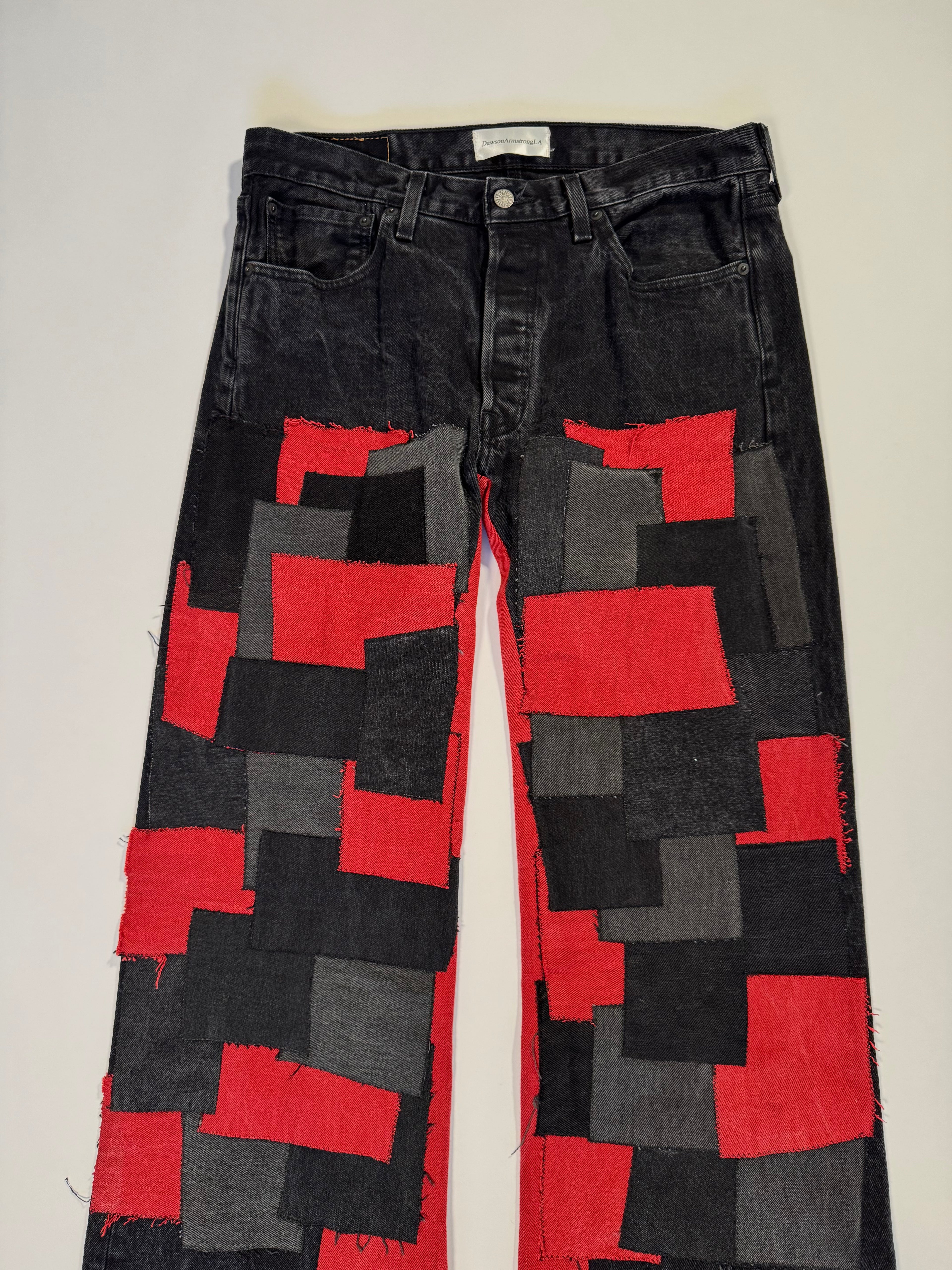 Black Red Patchwork Double Knee Jeans (34x32)