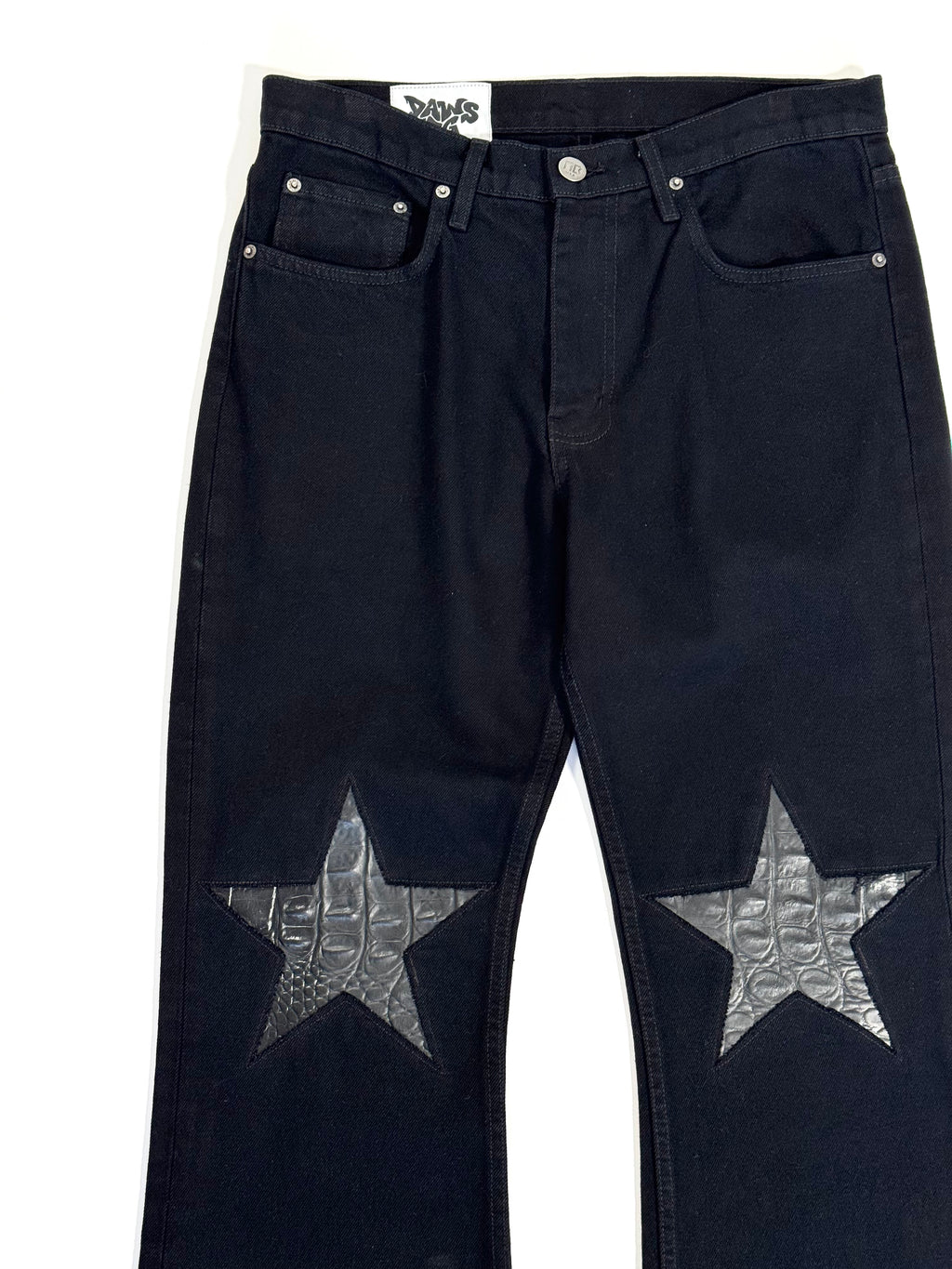 Black Flare Star Knee Jeans (Size 34)