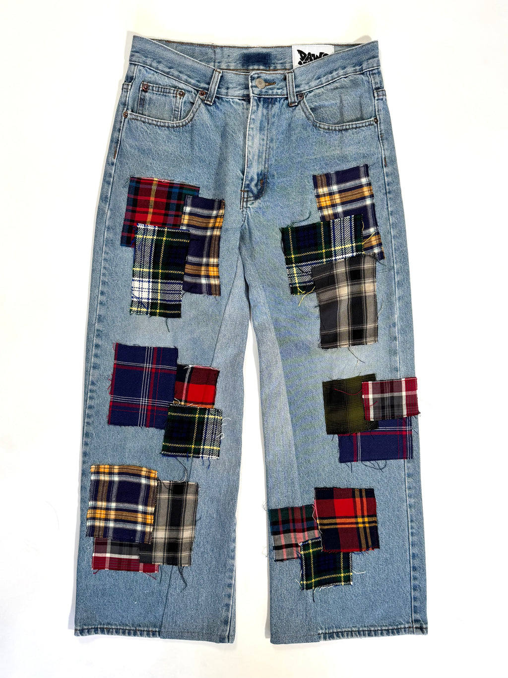 Light Wash Plaid Patchwork Jeans (Size 32)