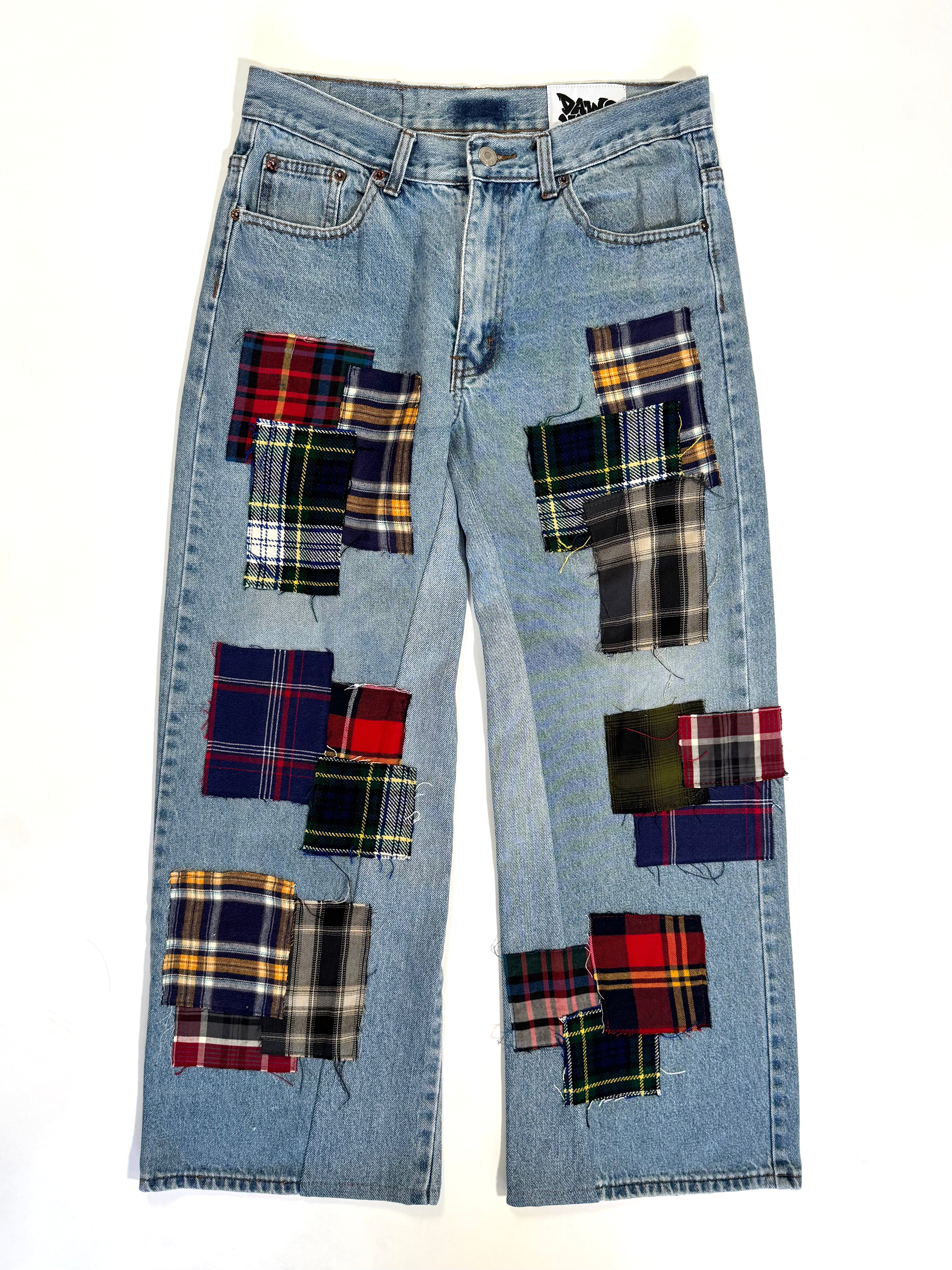 Light Wash Plaid Patchwork Jeans (Size 32)