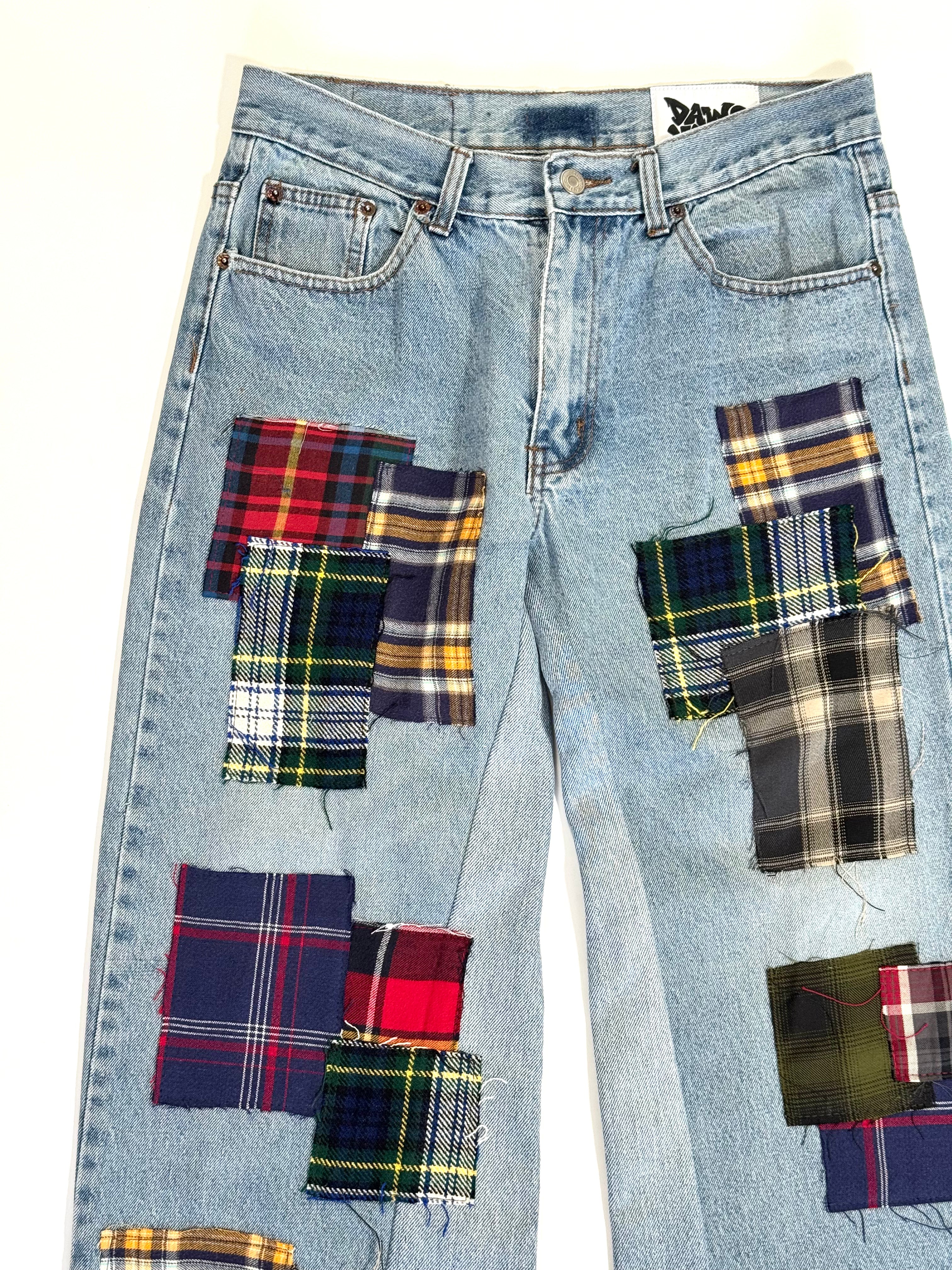 Light Wash Plaid Patchwork Jeans (Size 32)