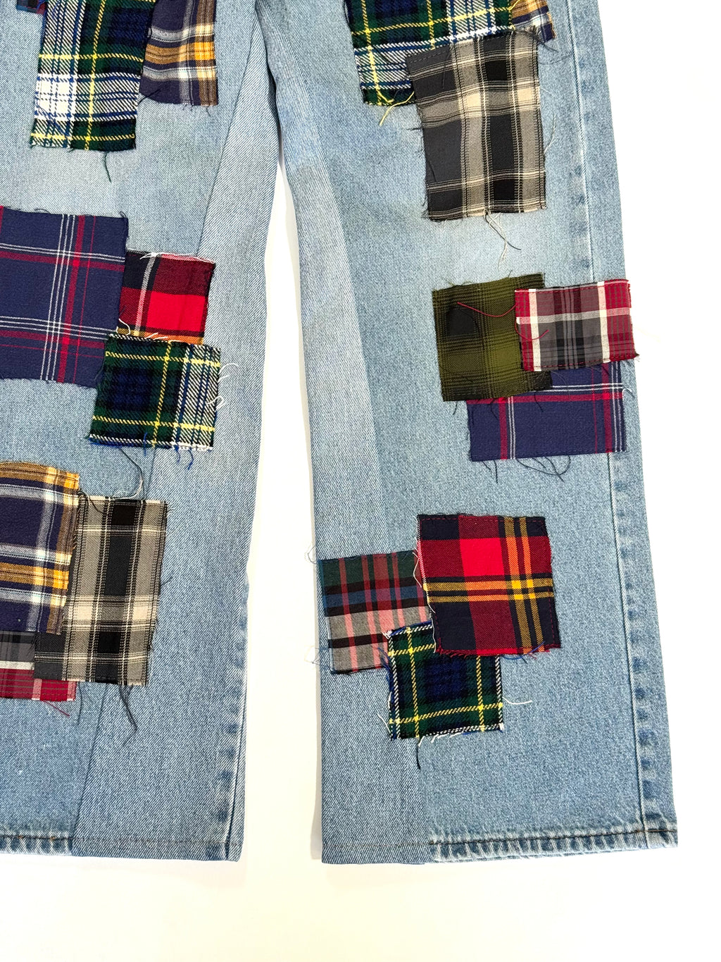 Light Wash Plaid Patchwork Jeans (Size 32)