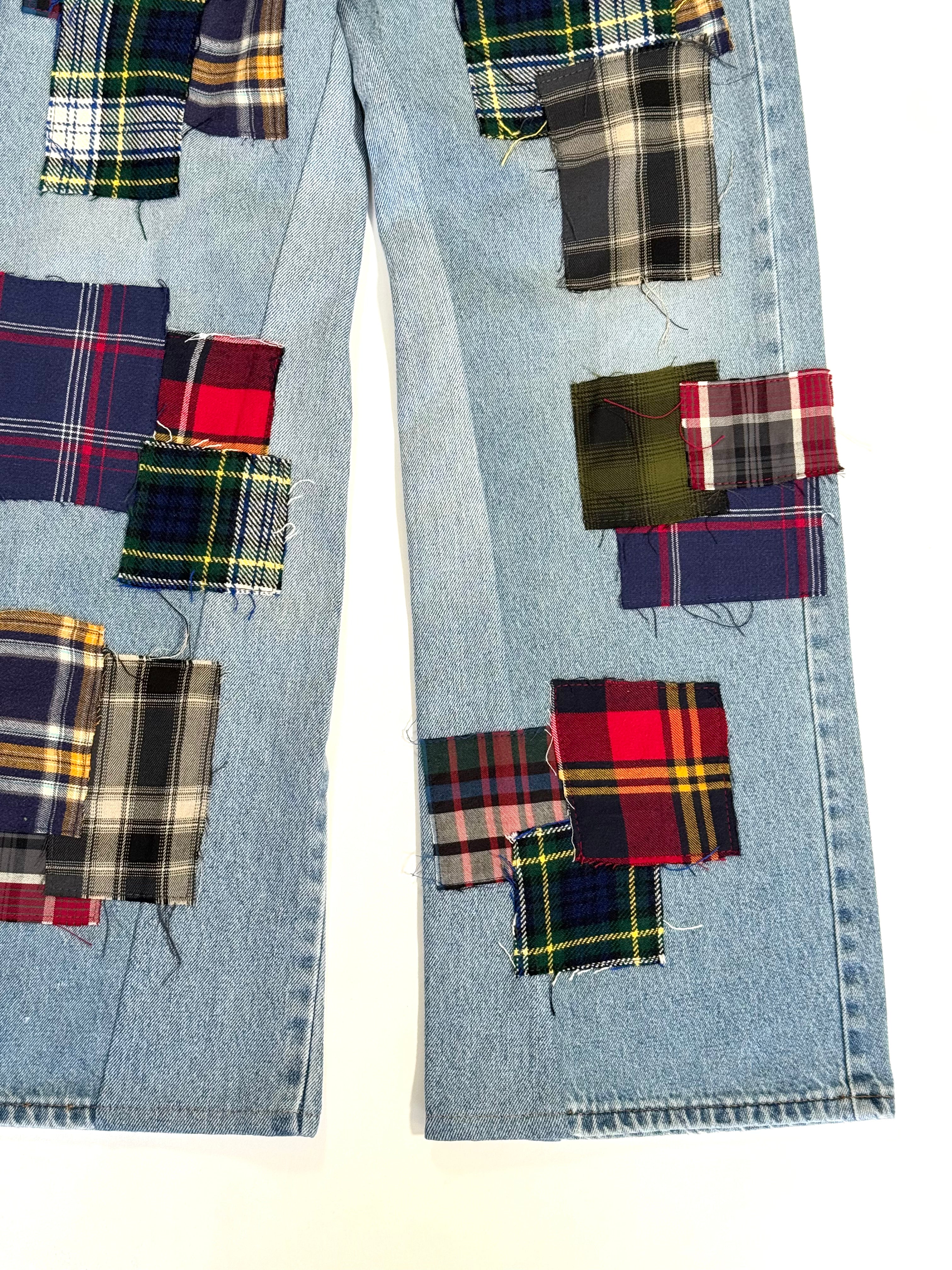 Light Wash Plaid Patchwork Jeans (Size 32)