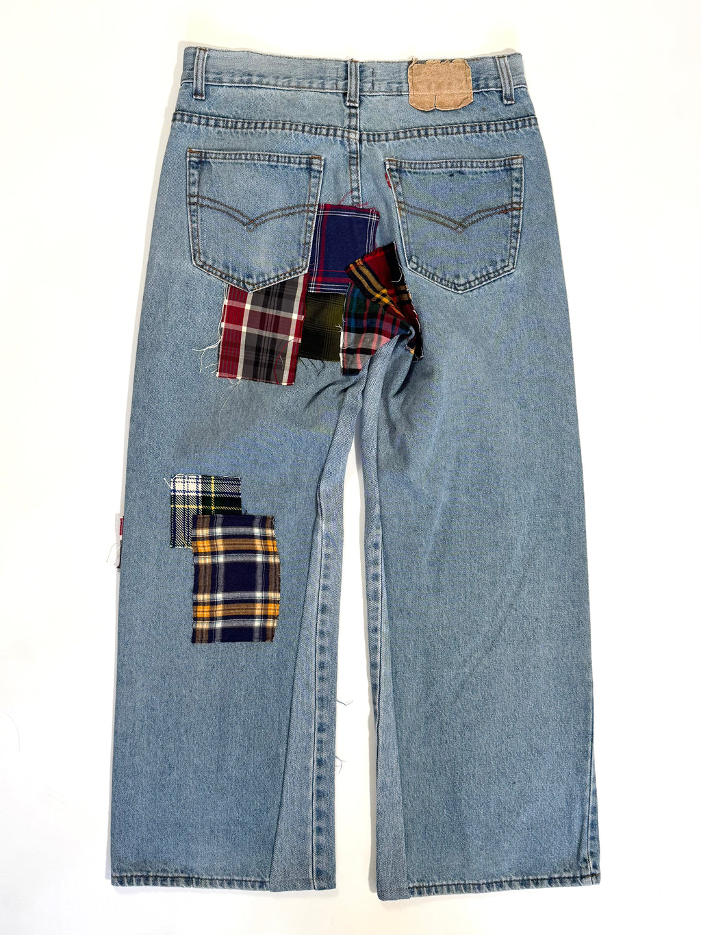 Light Wash Plaid Patchwork Jeans (Size 32)