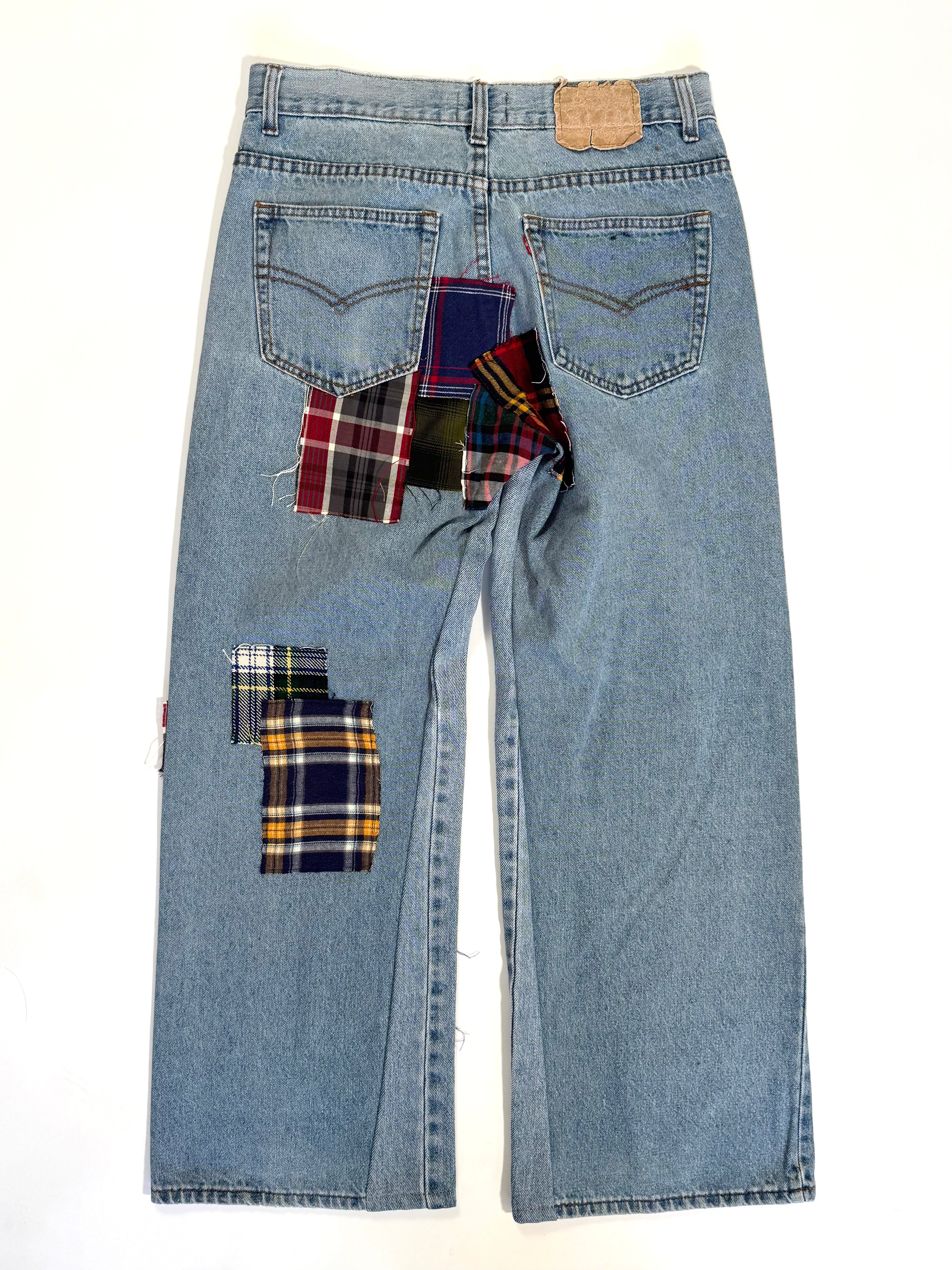 Light Wash Plaid Patchwork Jeans (Size 32)