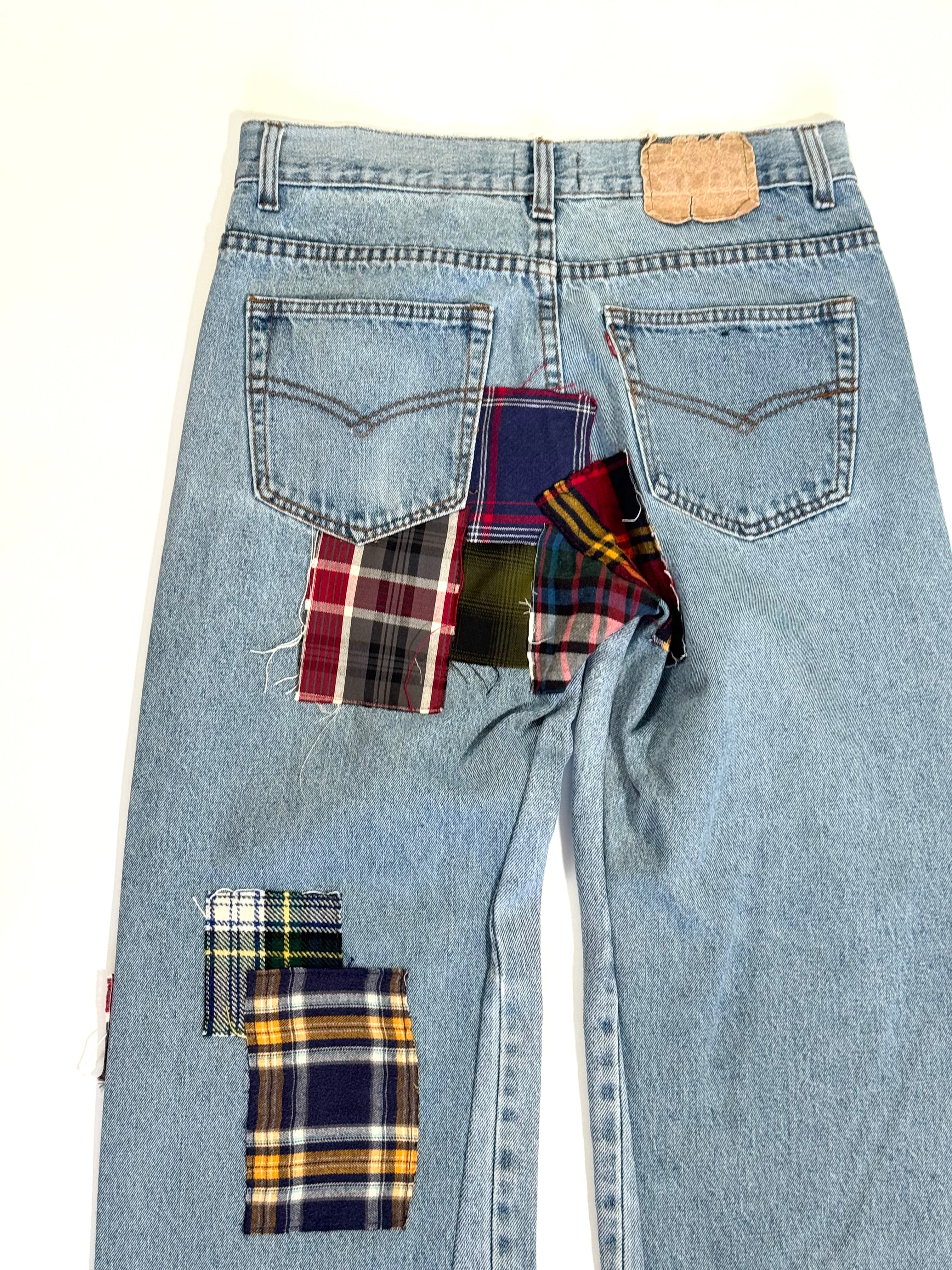 Light Wash Plaid Patchwork Jeans (Size 32)