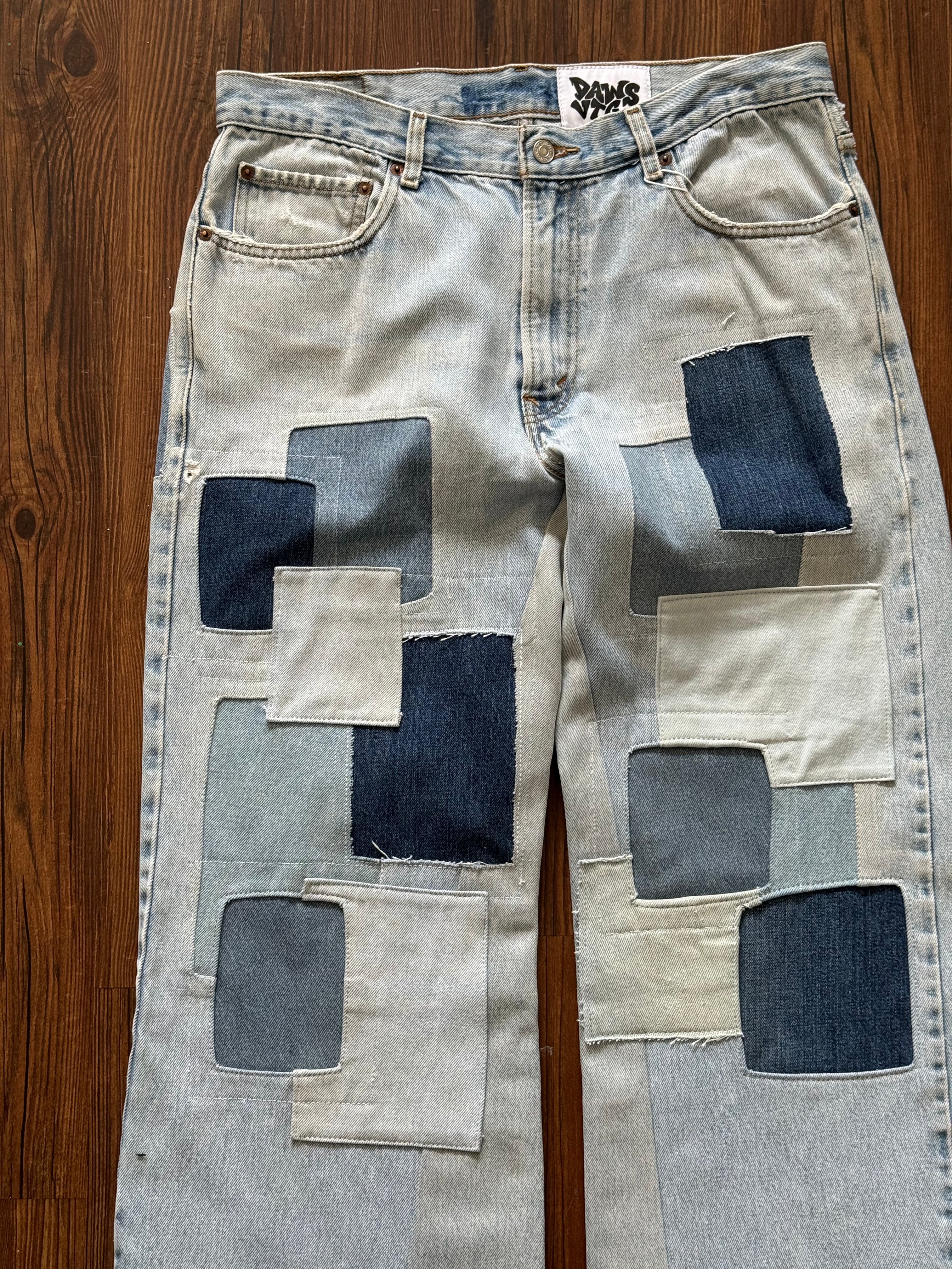 Light Wash Patchwork Jeans (Size 34)