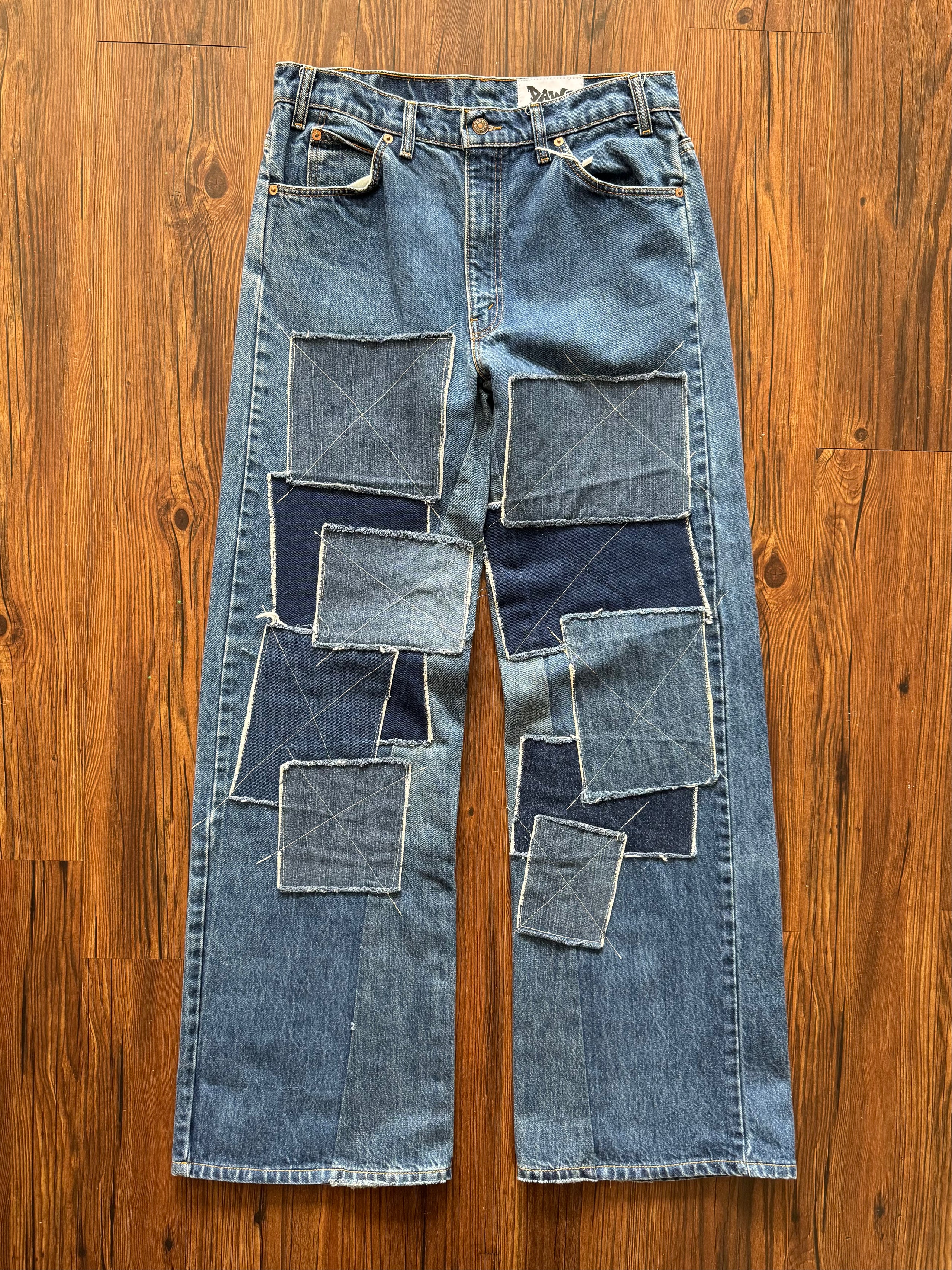 Dark Washed Patchwork Jeans (Size 34)
