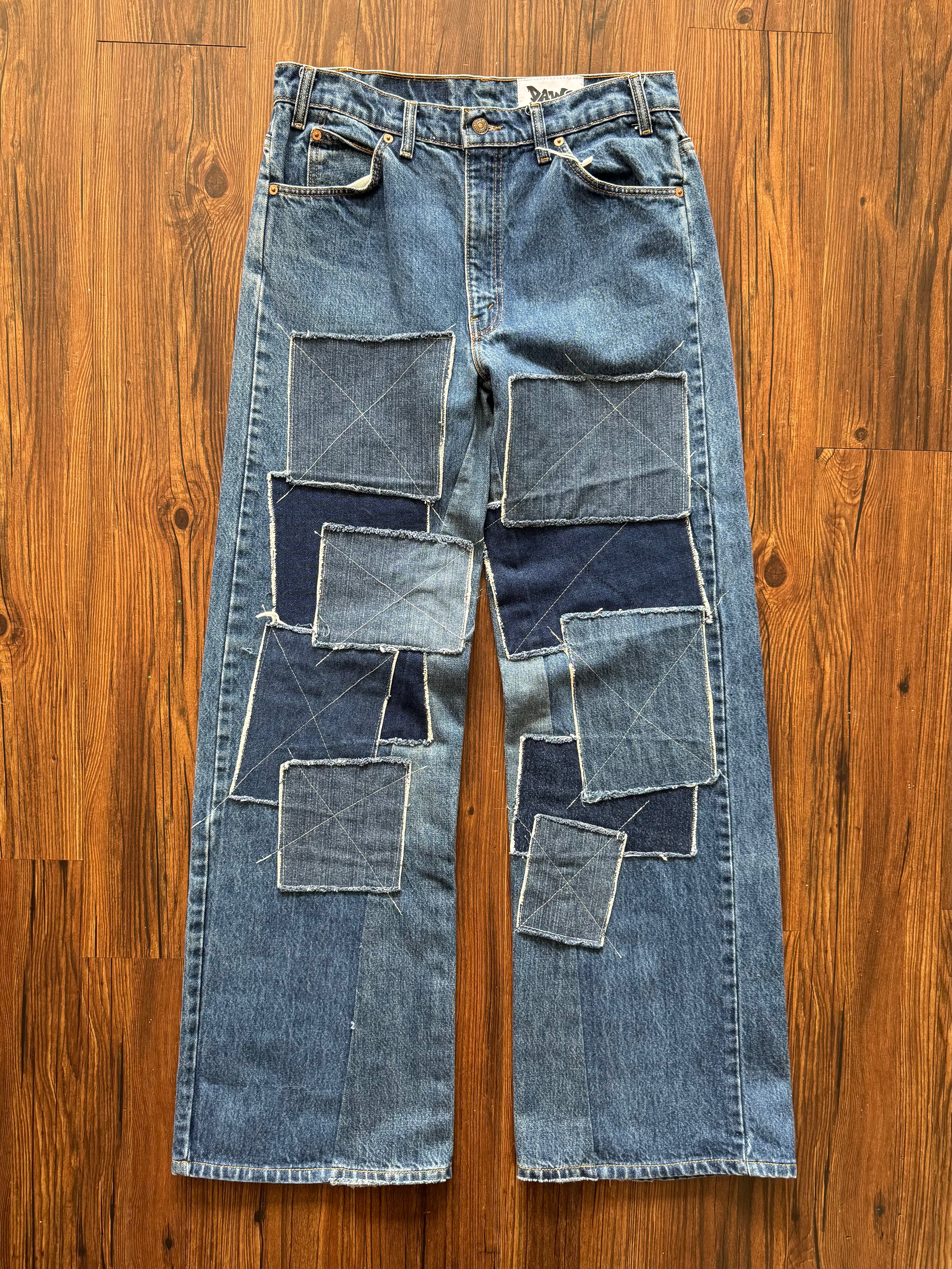 Dark Washed Patchwork Jeans (Size 34)