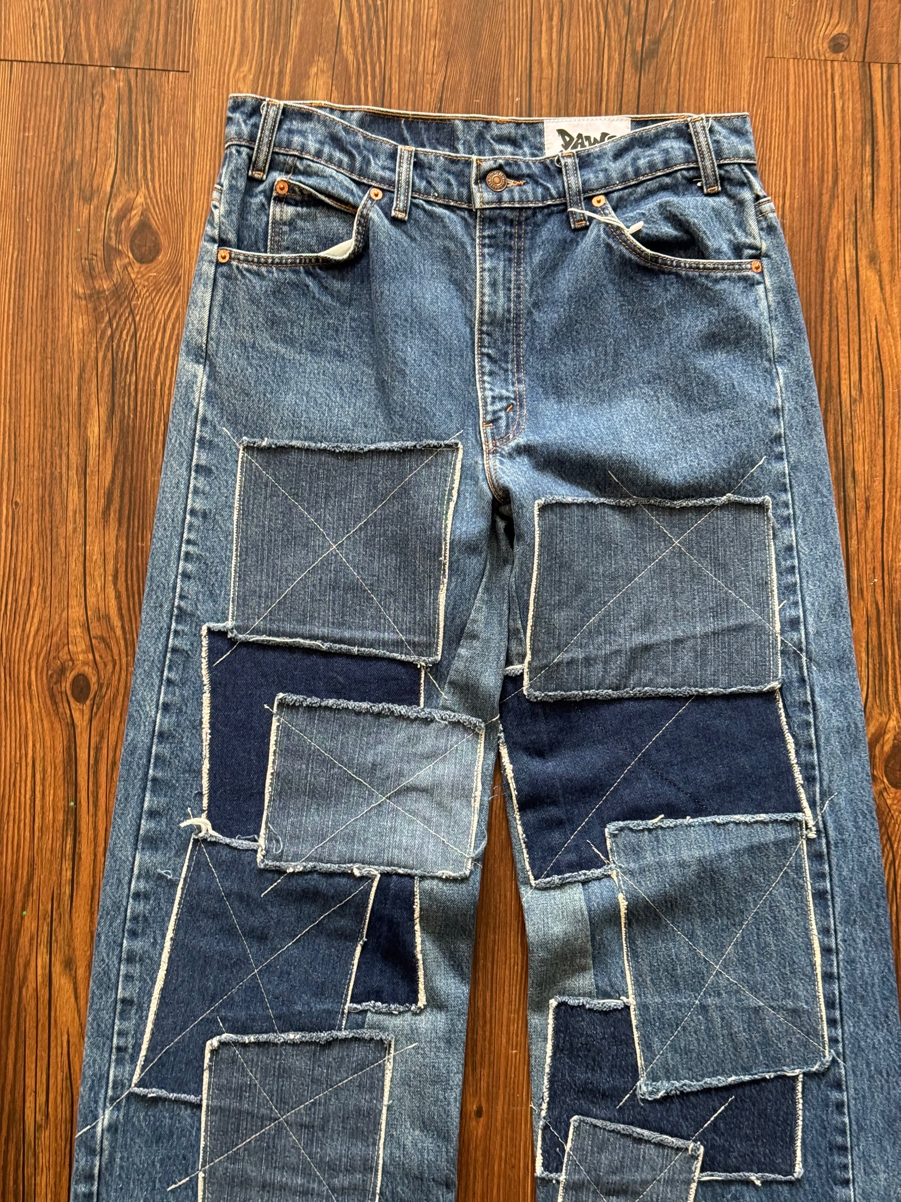 Dark Washed Patchwork Jeans (Size 34)
