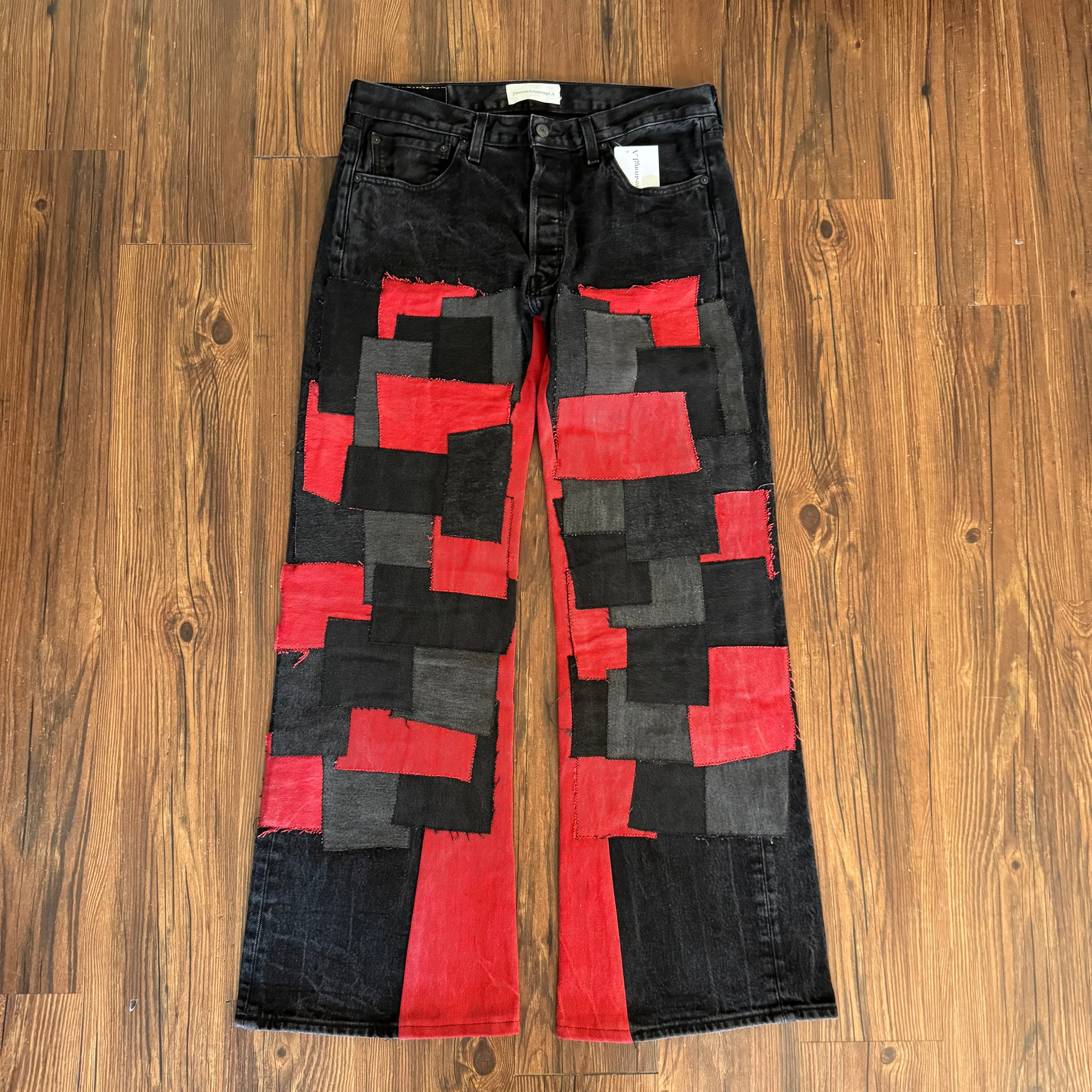 Black Red Patchwork Double Knee Jeans