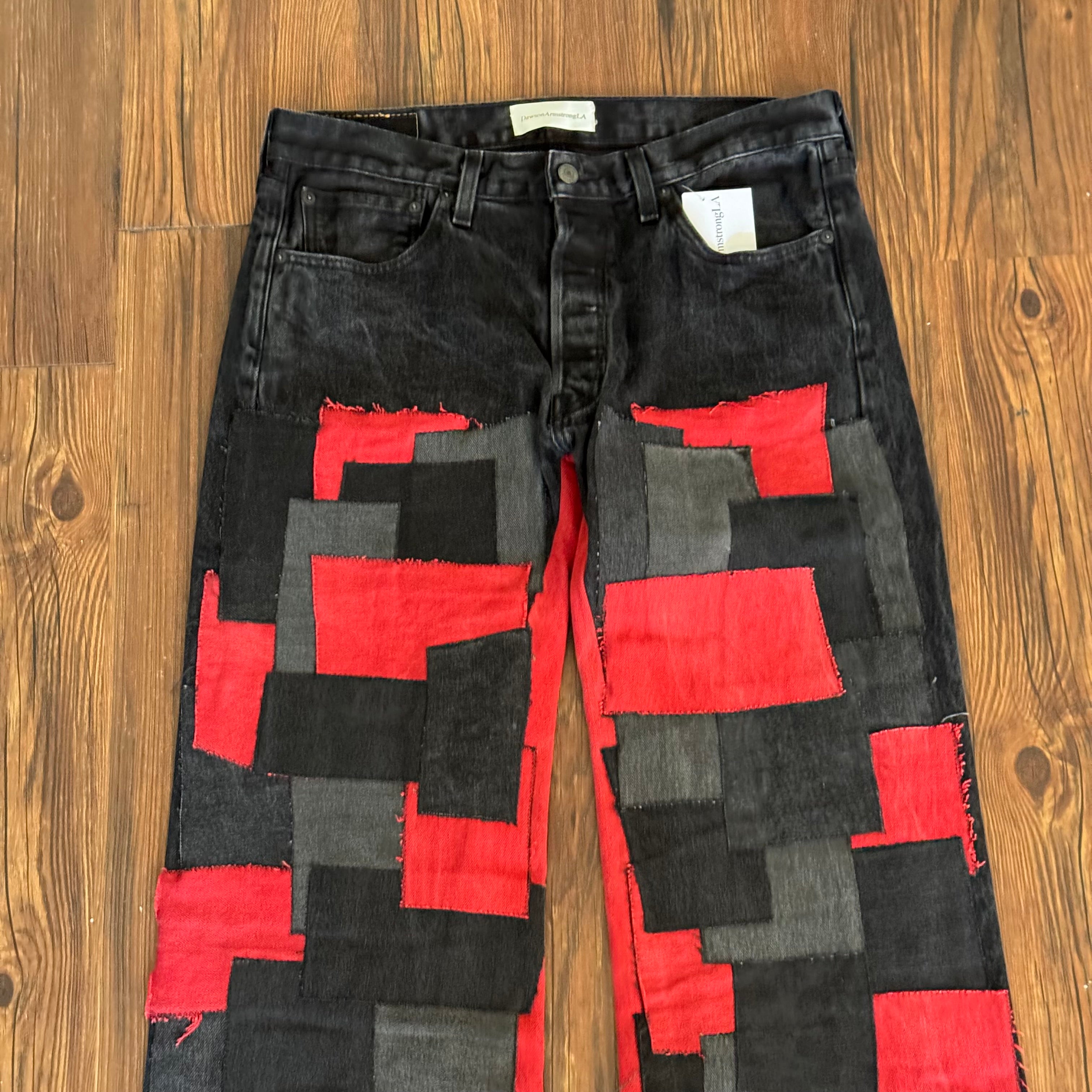 Black Red Patchwork Double Knee Jeans