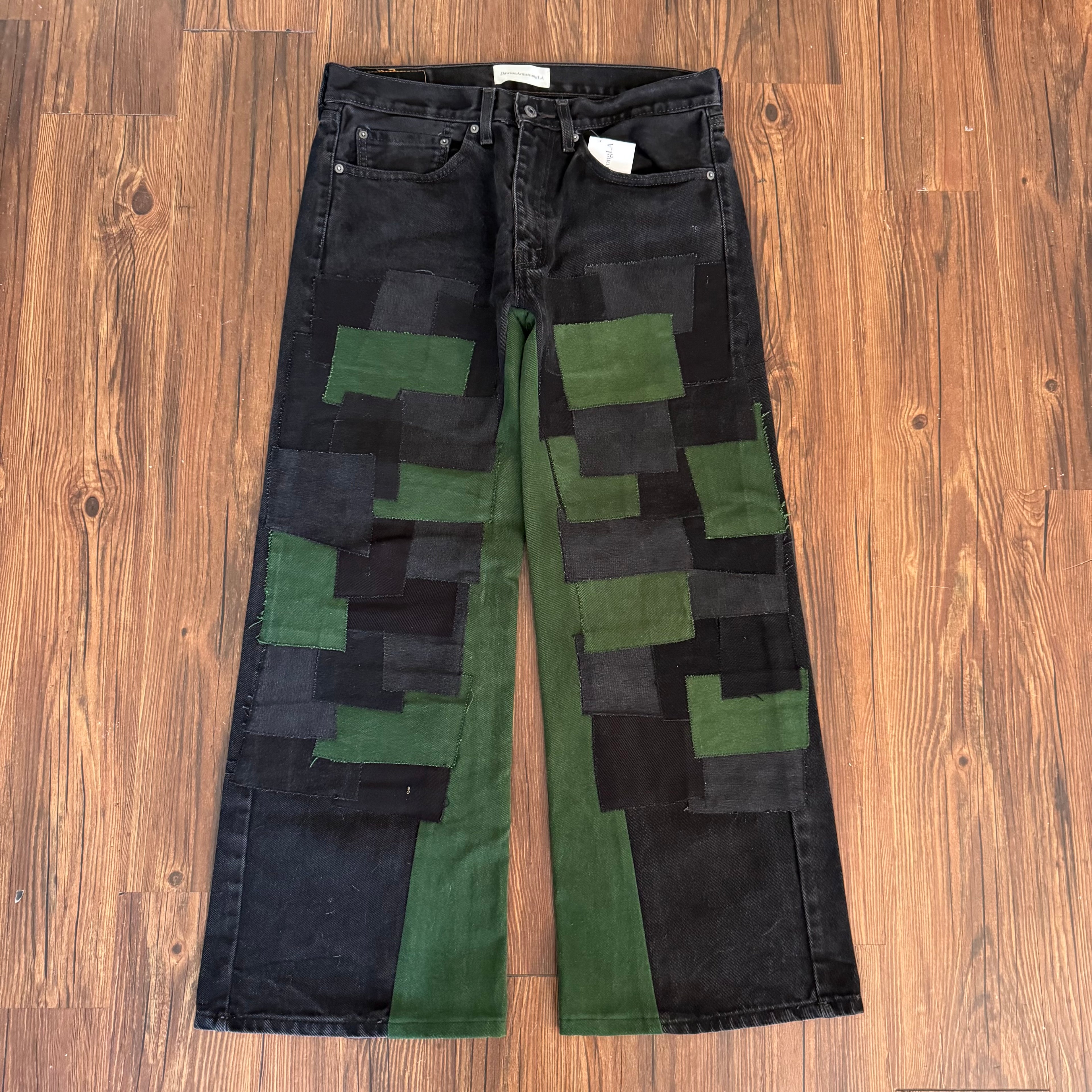 Black Green Patchwork Double Knee Jeans