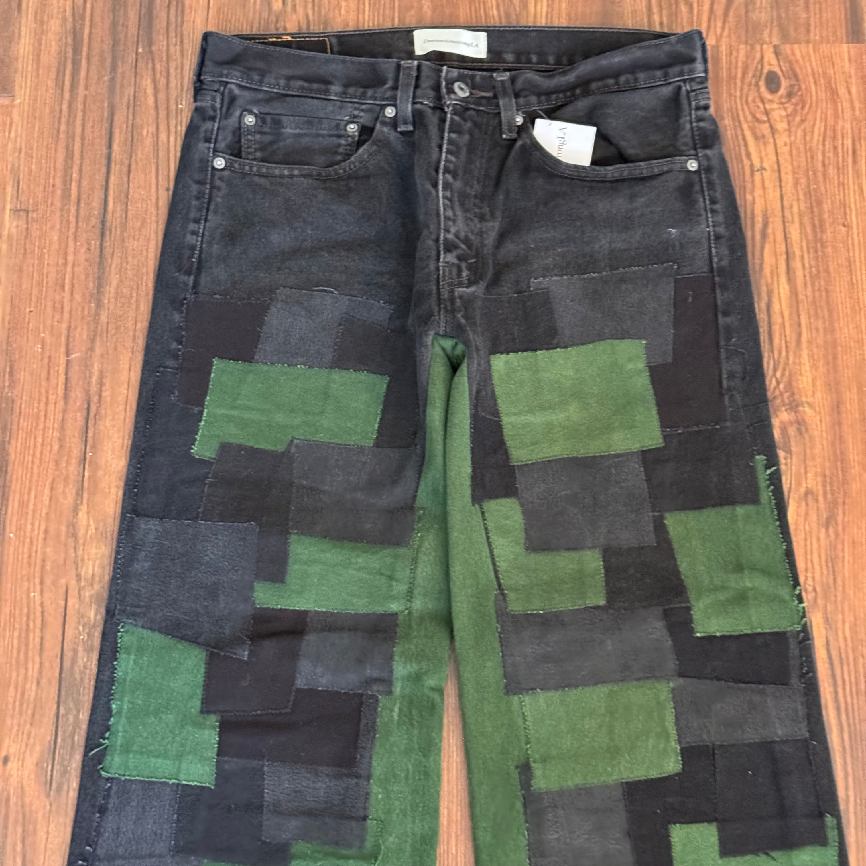 Black Green Patchwork Double Knee Jeans