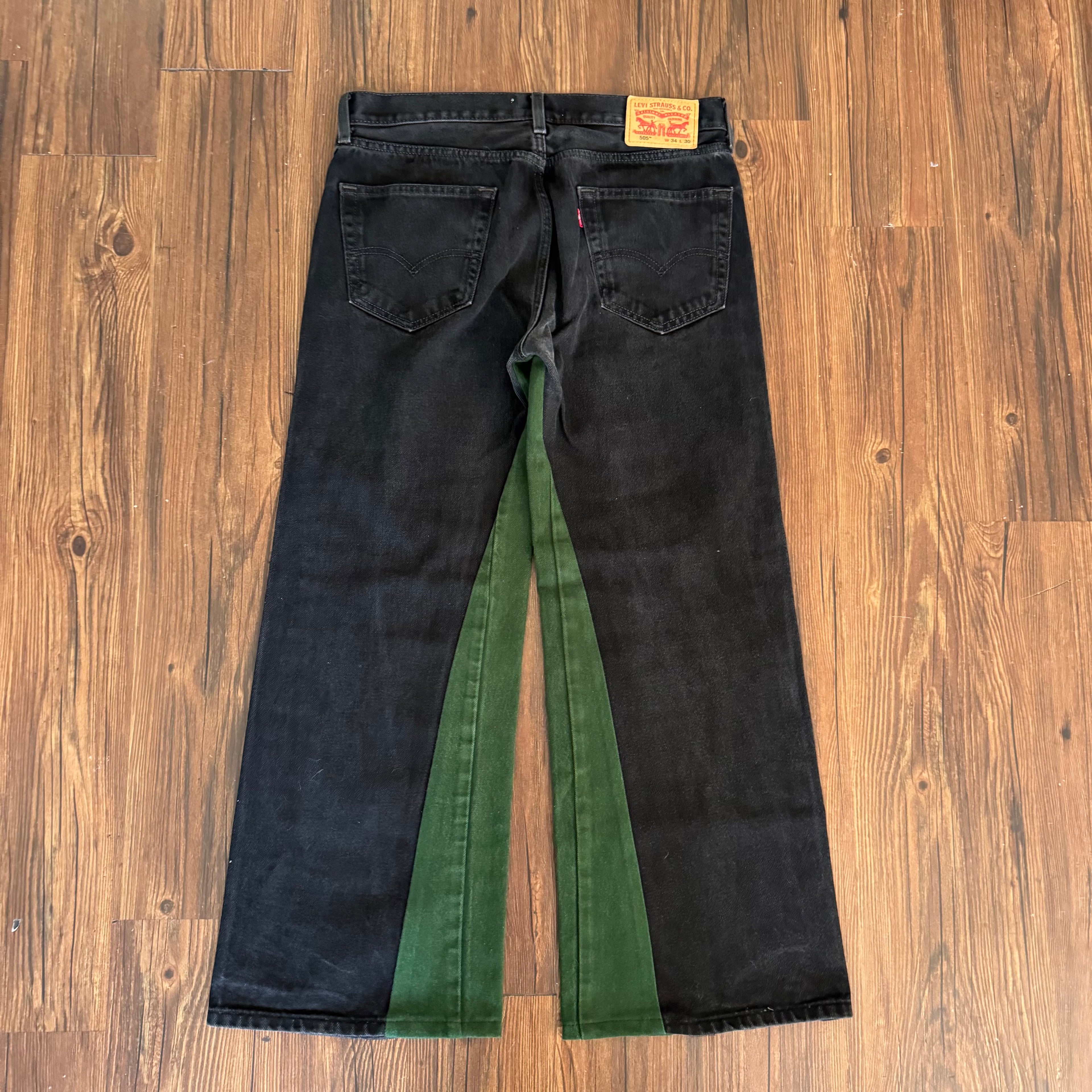 Black Green Patchwork Double Knee Jeans