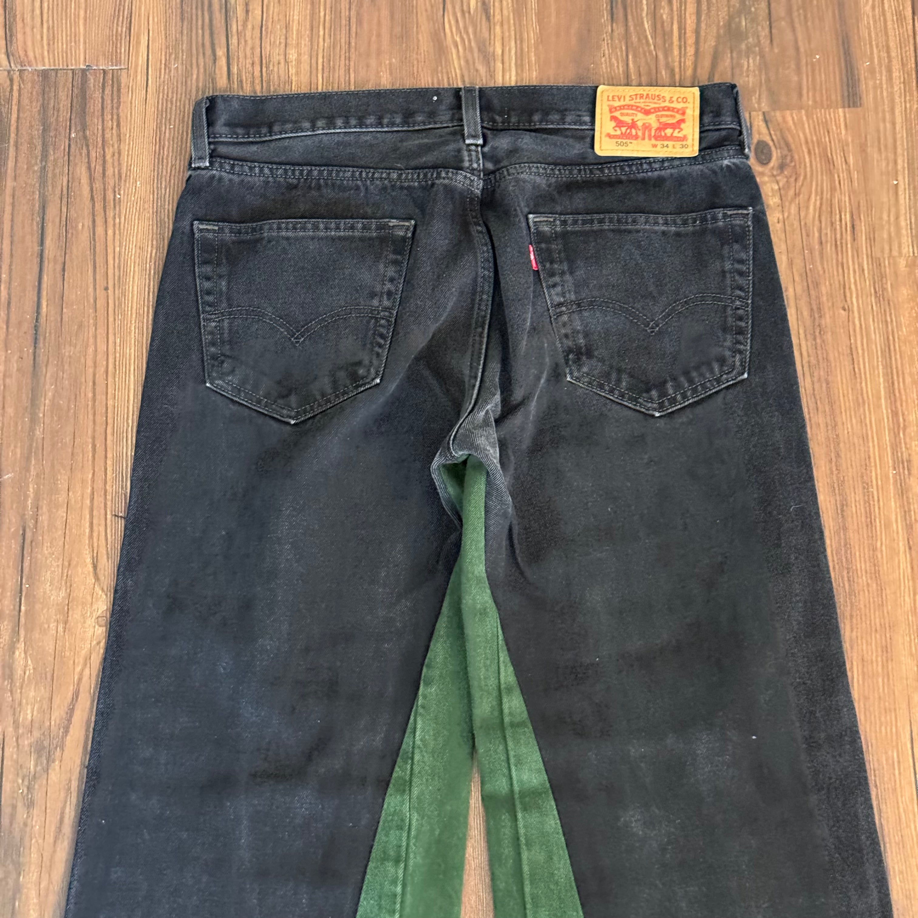 Black Green Patchwork Double Knee Jeans