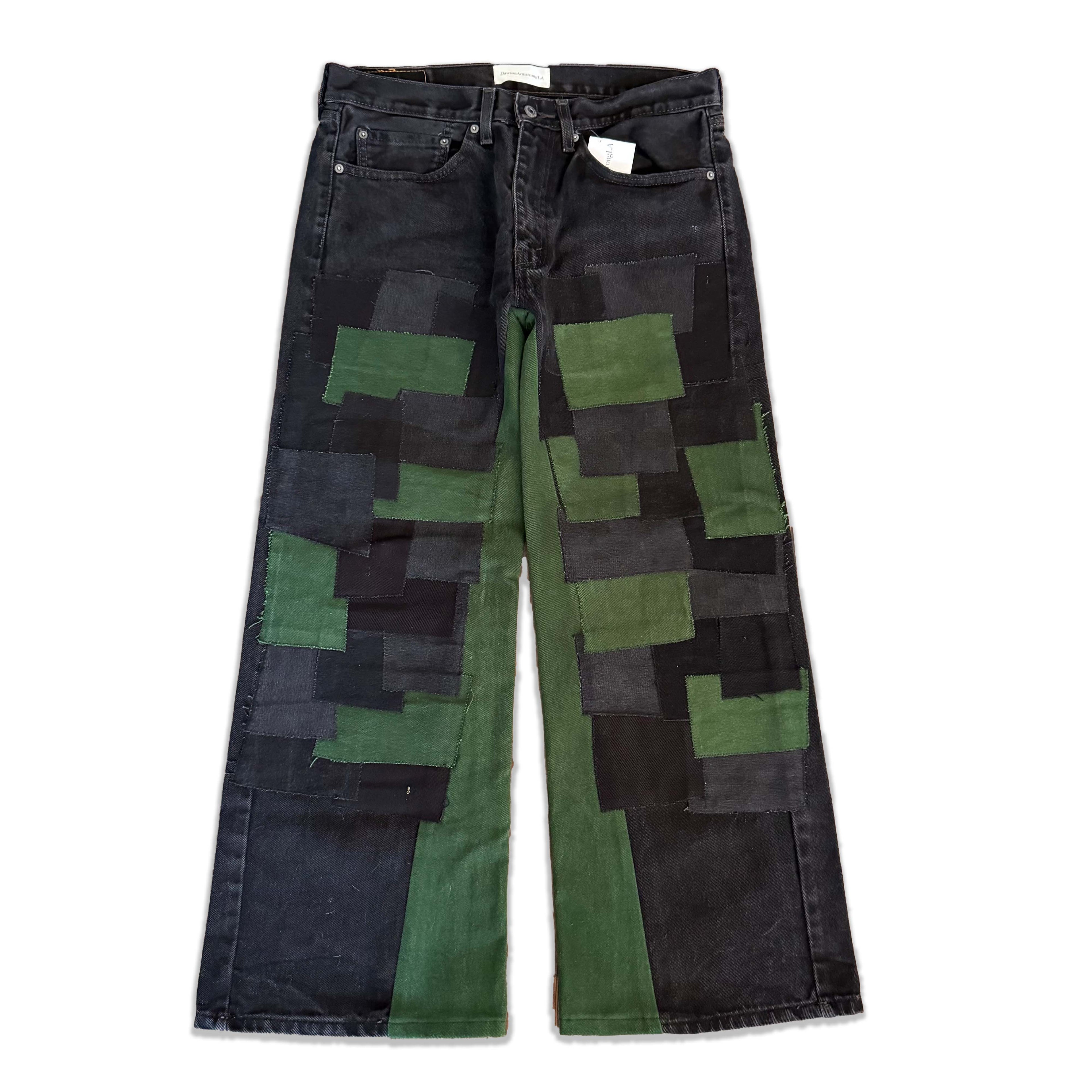 Black Green Patchwork Double Knee Jeans